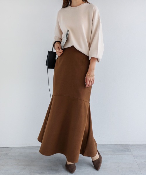 アンドゥムルメステール　変形巻きスカート　ブラウン　ウール セール】フェイクウール切り替えマーメイドスカート（スカート