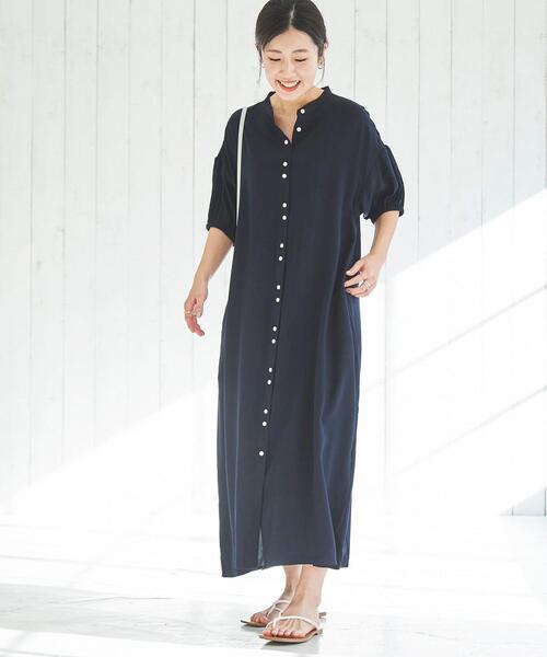 coen(コーエン)の「接触冷感ボリュームスリーブワンピース(シャツワンピース・レディース・ネイビー/ターコイズブルー/オレンジ・M/L)」の2枚目の写真