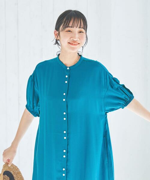 coen(コーエン)の「接触冷感ボリュームスリーブワンピース(シャツワンピース・レディース・ネイビー/ターコイズブルー/オレンジ・M/L)」の5枚目の写真