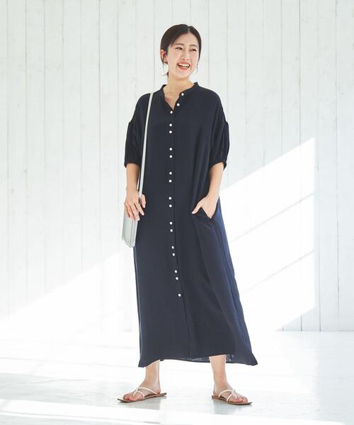 coen(コーエン)の「接触冷感ボリュームスリーブワンピース(シャツワンピース・レディース・ネイビー/ターコイズブルー/オレンジ・M/L)」の7枚目の写真