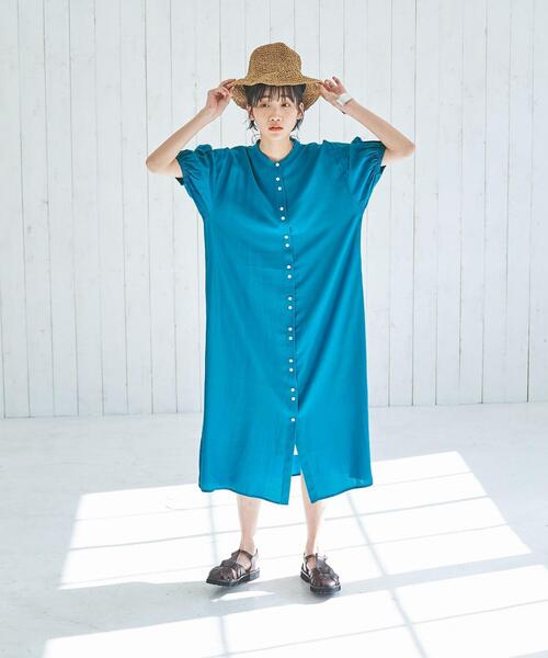 coen(コーエン)の「接触冷感ボリュームスリーブワンピース(シャツワンピース・レディース・ネイビー/ターコイズブルー/オレンジ・M/L)」の14枚目の写真