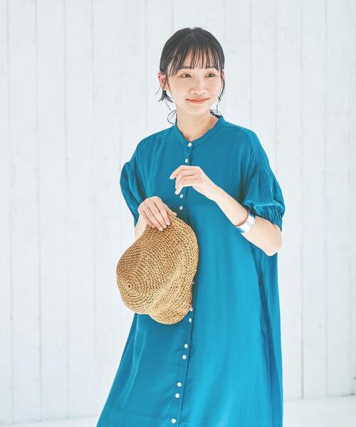 coen(コーエン)の「接触冷感ボリュームスリーブワンピース(シャツワンピース・レディース・ネイビー/ターコイズブルー/オレンジ・M/L)」の15枚目の写真