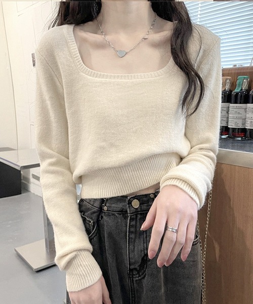 Amulet(アミュレット)の「スクエアネックミニ丈ニット(ニット/セーター・レディース・ブラック/グレー/ホワイト/ベージュ・FREE)」の4枚目の写真