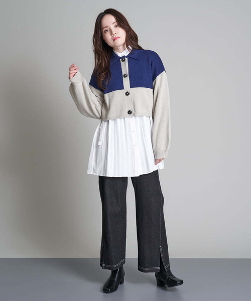 A de a.v.v（アードアー・ヴェ・ヴェ）の「バイカラーカーディガン（カーディガン/ボレロ・レディース・ブラック/ベージュ・38/36）」の3枚目の写真