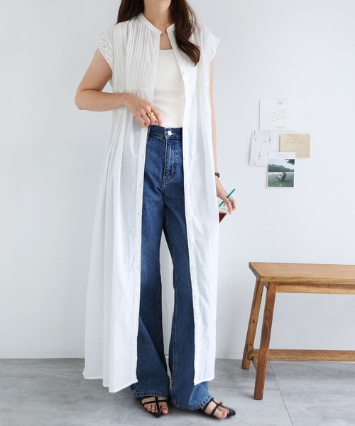 andme(アンドミー)の「インド綿ピンタックレース2WAYフレンチスリーブワンピース(ワンピース・レディース・ブラック/オフホワイト/ブラウン/ネイビー・M)」の11枚目の写真