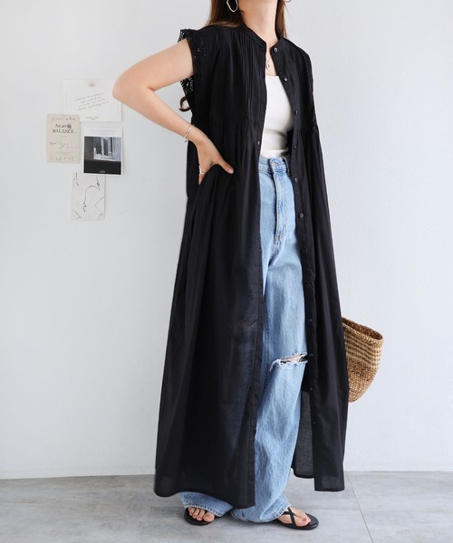 andme(アンドミー)の「インド綿ピンタックレース2WAYフレンチスリーブワンピース(ワンピース・レディース・ブラック/オフホワイト/ブラウン/ネイビー・M)」の8枚目の写真