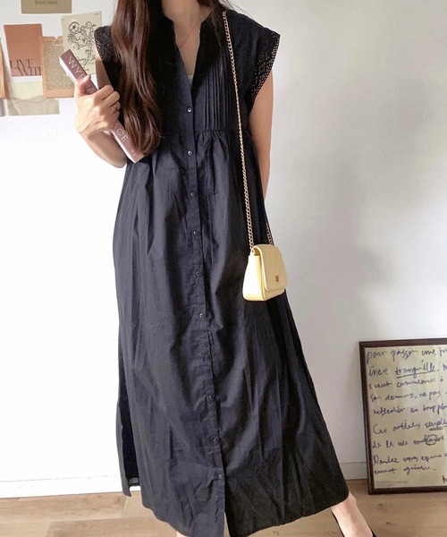 インド綿ピンタックレース2WAYフレンチスリーブワンピース（ワンピース