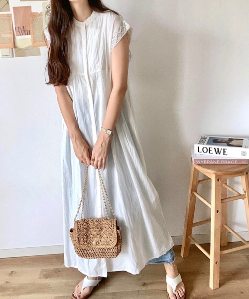 インド綿ピンタックレース2WAYフレンチスリーブワンピース（ワンピース