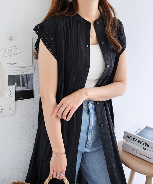 インド綿ピンタックレース2WAYフレンチスリーブワンピース（ワンピース