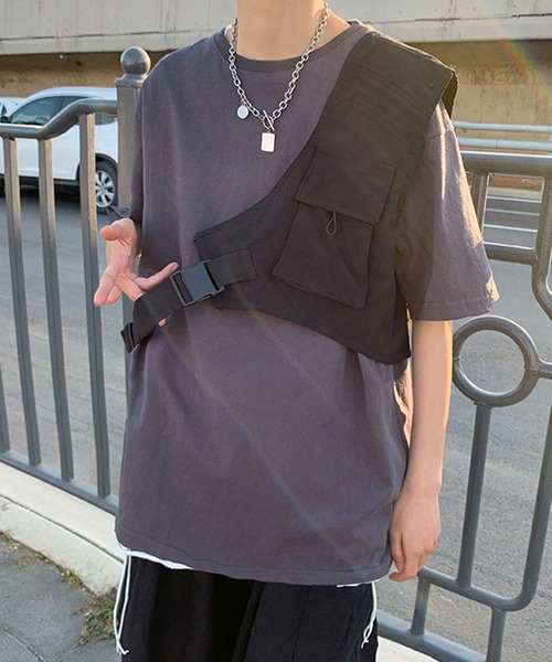 ネイビー　ワンショルダーベスト セール】【BENDER TOKYO】2連 シルバーチェーン付き ワン