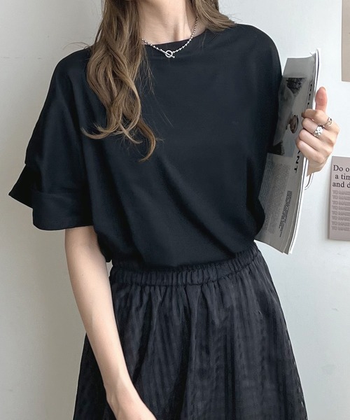 Futier land(フューティアランド)の「【綿100%】ショルダータックTシャツ(Tシャツ/カットソー・レディース・ホワイト/ブラック/ネイビー×ホワイト・FREE)」の4枚目の写真