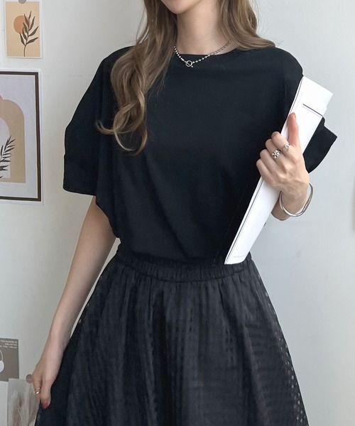 Futier land(フューティアランド)の「【綿100%】ショルダータックTシャツ(Tシャツ/カットソー・レディース・ホワイト/ブラック/ネイビー×ホワイト・FREE)」の5枚目の写真