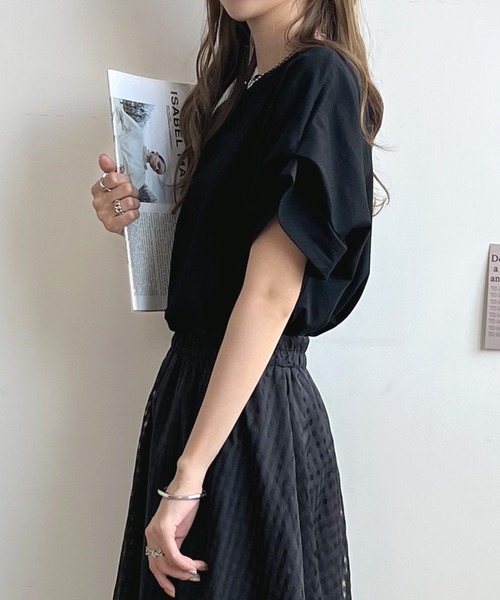 Futier land(フューティアランド)の「【綿100%】ショルダータックTシャツ(Tシャツ/カットソー・レディース・ホワイト/ブラック/ネイビー×ホワイト・FREE)」の7枚目の写真