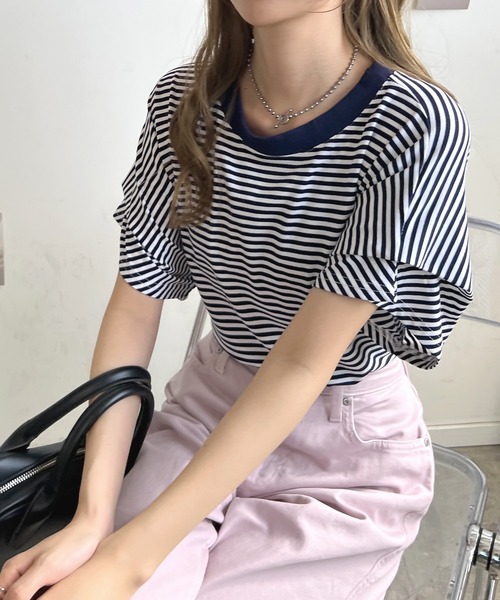 Futier land(フューティアランド)の「【綿100%】ショルダータックTシャツ(Tシャツ/カットソー・レディース・ホワイト/ブラック/ネイビー×ホワイト・FREE)」の15枚目の写真