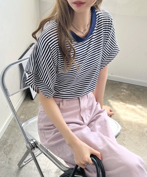 Futier land(フューティアランド)の「【綿100%】ショルダータックTシャツ(Tシャツ/カットソー・レディース・ホワイト/ブラック/ネイビー×ホワイト・FREE)」の20枚目の写真