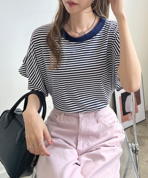 Futier land(フューティアランド)の「【綿100%】ショルダータックTシャツ(Tシャツ/カットソー・レディース・ホワイト/ブラック/ネイビー×ホワイト・FREE)」の14枚目の写真