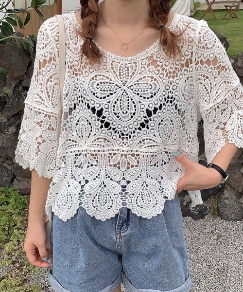LADY LIKE(レディライク)の「ふっくらレースゆったりトップス(Tシャツ/カットソー・レディース・アイボリー/ブラック/ホワイト・M)」の13枚目の写真