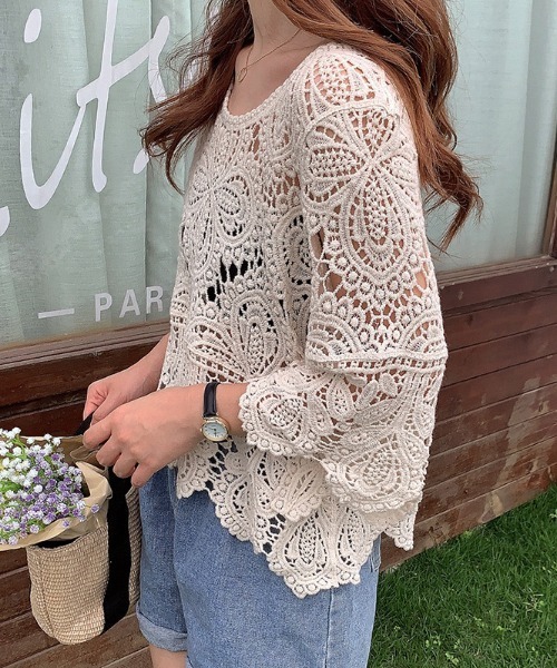 LADY LIKE(レディライク)の「ふっくらレースゆったりトップス(Tシャツ/カットソー・レディース・アイボリー/ブラック/ホワイト・M)」の15枚目の写真