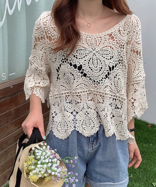 LADY LIKE(レディライク)の「ふっくらレースゆったりトップス(Tシャツ/カットソー・レディース・アイボリー/ブラック/ホワイト・M)」の12枚目の写真