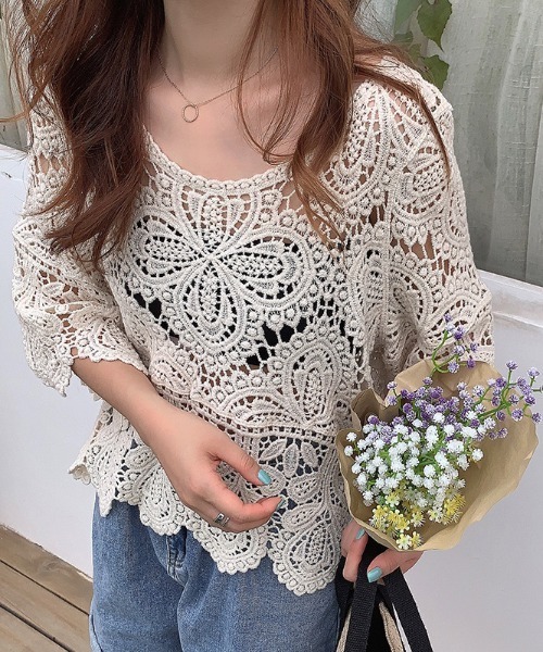 LADY LIKE(レディライク)の「ふっくらレースゆったりトップス(Tシャツ/カットソー・レディース・アイボリー/ブラック/ホワイト・M)」の10枚目の写真