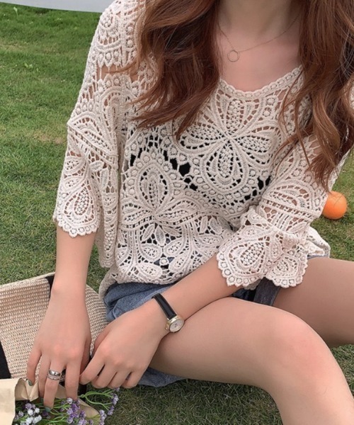LADY LIKE(レディライク)の「ふっくらレースゆったりトップス(Tシャツ/カットソー・レディース・アイボリー/ブラック/ホワイト・M)」の6枚目の写真