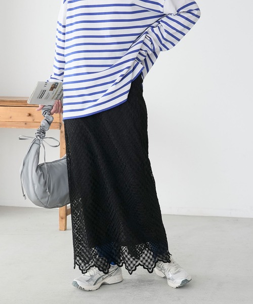 BONLECILL（ボンルシール）の「【セットアップ対応】シアー刺繍レーススカラップナロースカート（スカート・レディース・ブラック/アイボリー/オフホワイト・FREE）」の15枚目の写真
