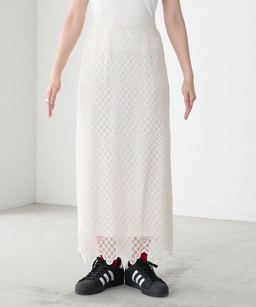 BONLECILL（ボンルシール）の「【セットアップ対応】シアー刺繍レーススカラップナロースカート（スカート・レディース・ブラック/アイボリー/オフホワイト・FREE）」の20枚目の写真