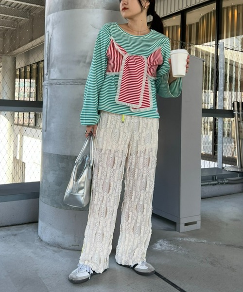 HELLO.SANFRANCISCO(ハローサンフランシスコ)の「【HELLO.SANFRANCISCO/ハローサンフランシスコ】フリルレース配色ステッチパンツ(その他パンツ・レディース・アイボリー/ブラック・ONE SIZE)」の7枚目の写真