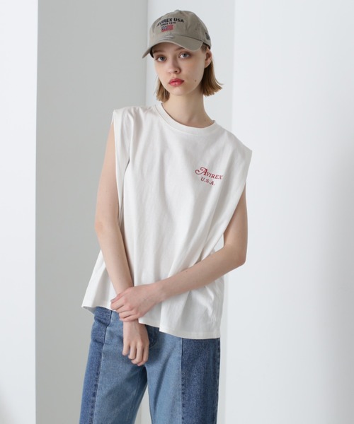 AVIREX（アヴィレックス）の「《直営店限定》SLEEVE LESS TOPS/スリーブレス トップス（Tシャツ/カットソー・レディース・オフホワイト/ブラック/オレンジ・FREE）」の4枚目の写真