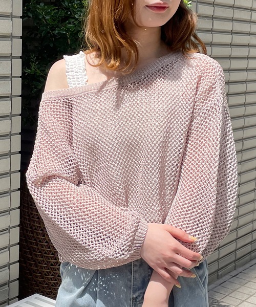 one way（ワンウェイ）の「ラメ入り七分袖メッシュニット