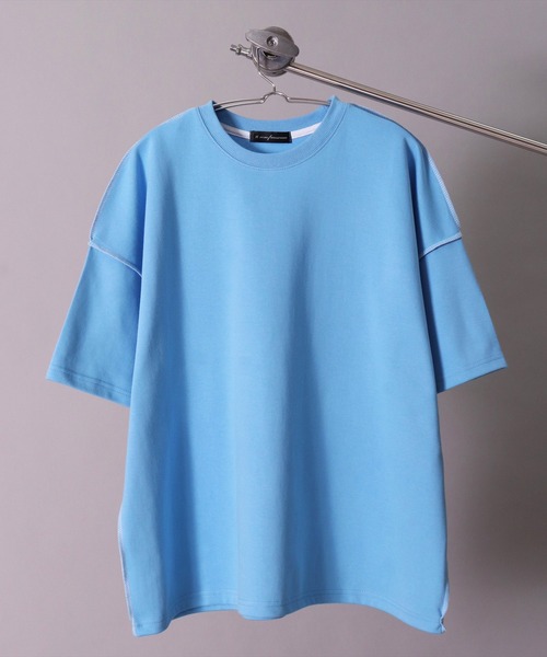 BAYBLO(ベイブロ)の「(BB)【ユニセックス】カラーステッチ オーバーサイズ Tシャツ(Tシャツ/カットソー・メンズ・ライトイエロー/ホワイト系/サックスブルー/エメラルドブルー/ライトピンク・FREE)」の14枚目の写真