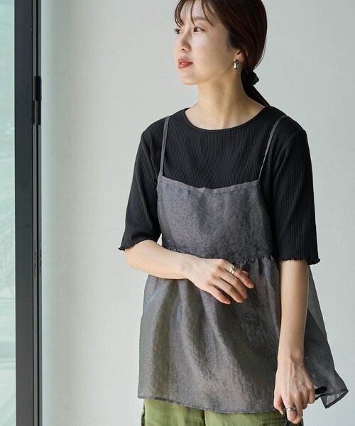 coen(コーエン)の「メローリブクルーネックTシャツ(Tシャツ/カットソー・レディース・その他1/ベージュ/ブラック/オフホワイト・L/M)」の1枚目の写真