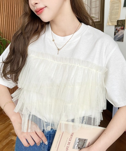 moment+（モーメントプラス）の「フリルチュールドッキング半袖Tシャツ