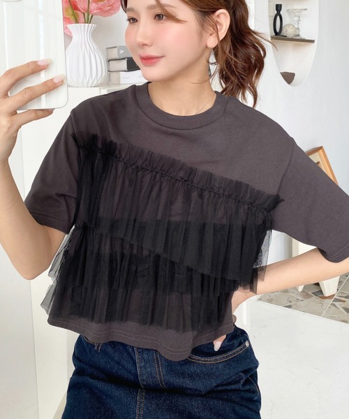 ファビアナフィリッピ シルク コットン チュール カットソー モニーレ 半袖 セール】フリルチュールドッキング半袖Tシャツ（Tシャツ/カットソー