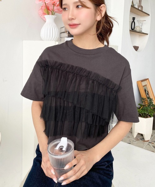 セール】フリルチュールドッキング半袖Tシャツ（Tシャツ/カットソー