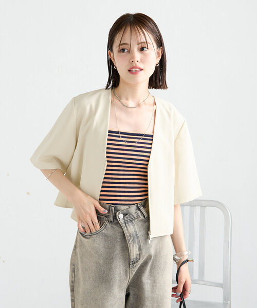 mystic（ミスティック）の「半袖ショートジャケット（ノーカラージャケット・レディース・アイボリー/ブラック・FREE）」の3枚目の写真