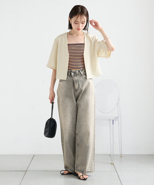 mystic（ミスティック）の「半袖ショートジャケット（ノーカラージャケット・レディース・アイボリー/ブラック・FREE）」の6枚目の写真