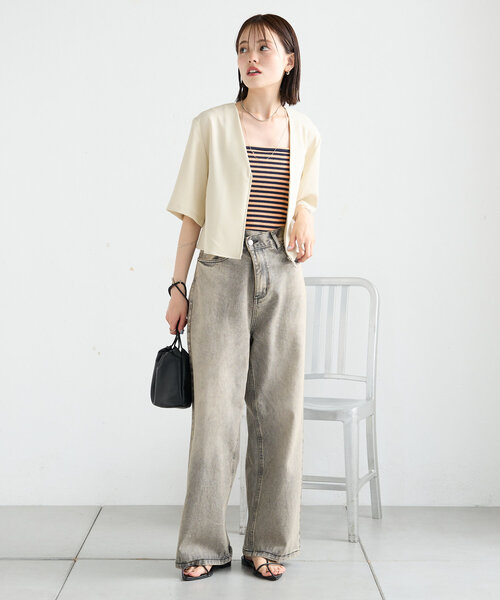 mystic（ミスティック）の「半袖ショートジャケット（ノーカラージャケット・レディース・アイボリー/ブラック・FREE）」の7枚目の写真