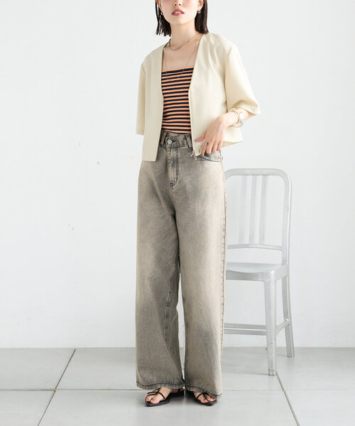 mystic（ミスティック）の「半袖ショートジャケット（ノーカラージャケット・レディース・アイボリー/ブラック・FREE）」の8枚目の写真