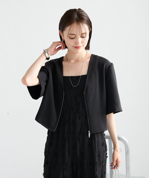 mystic（ミスティック）の「半袖ショートジャケット（ノーカラージャケット・レディース・アイボリー/ブラック・FREE）」の9枚目の写真