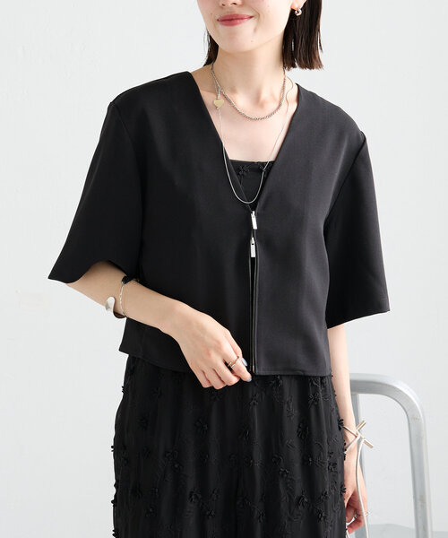 mystic（ミスティック）の「半袖ショートジャケット（ノーカラージャケット・レディース・アイボリー/ブラック・FREE）」の10枚目の写真