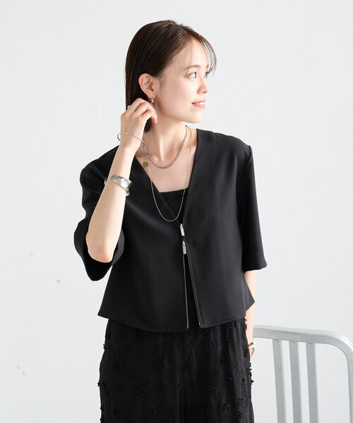 mystic（ミスティック）の「半袖ショートジャケット（ノーカラージャケット・レディース・アイボリー/ブラック・FREE）」の11枚目の写真