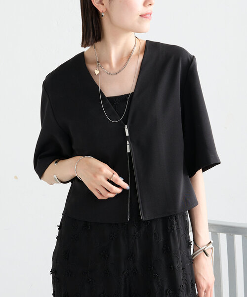 mystic（ミスティック）の「半袖ショートジャケット（ノーカラージャケット・レディース・アイボリー/ブラック・FREE）」の12枚目の写真