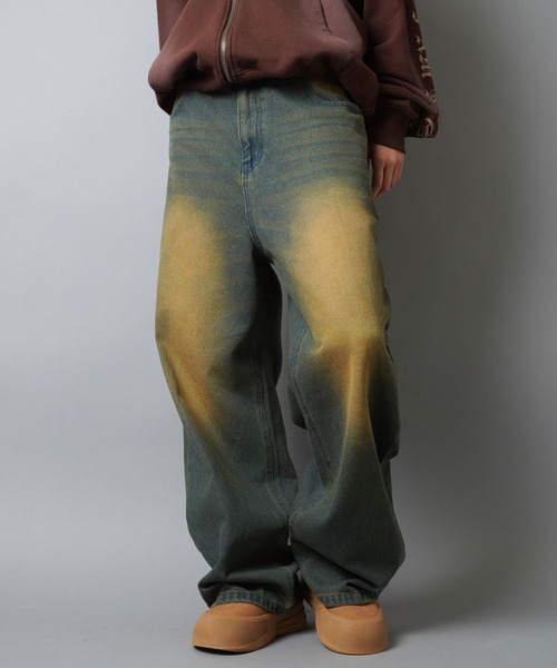 レトロデニム ワイドレッグ ビンテージ加工 S~XL 2color セール】ヴィンテージ加工デニムワイドパンツ/ユニセックス