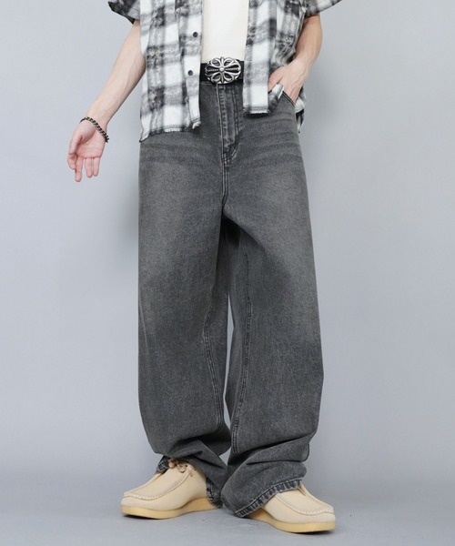 レトロデニム ワイドレッグ ビンテージ加工 S~XL 2color セール】ヴィンテージ加工デニムワイドパンツ/ユニセックス