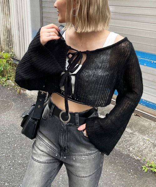 SPIRALGIRL（スパイラルガール）の「モヘアタッチニットショートカーディガン（カーディガン/ボレロ・レディース・グレー/ブラック/グリーン/ピンク・FREE）」の2枚目の写真