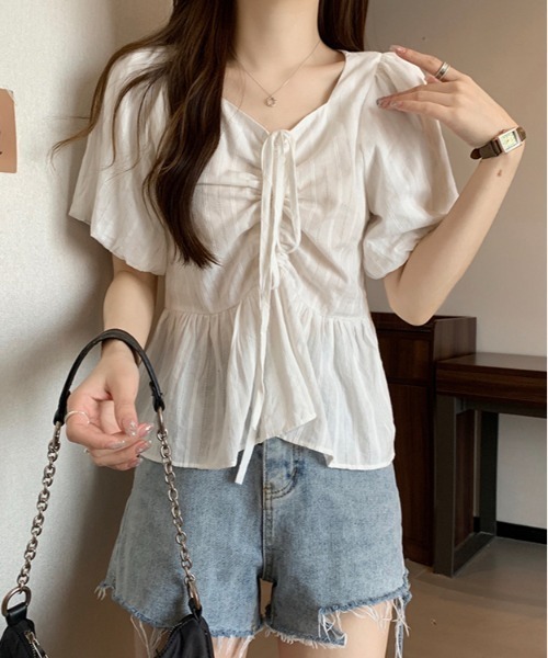 gossip！ロサンゼルス（ゴシップロサンゼルス）の「【新色追加】 リボンリンクルフリルフレア半袖ブラウス Y2K（シャツ/ブラウス・レディース・オフホワイト/ブルー/ブラック・FREE）」の11枚目の写真