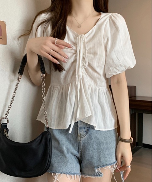 gossip！ロサンゼルス（ゴシップロサンゼルス）の「【新色追加】 リボンリンクルフリルフレア半袖ブラウス Y2K（シャツ/ブラウス・レディース・オフホワイト/ブルー/ブラック・FREE）」の10枚目の写真