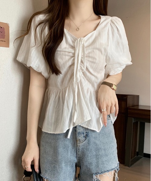 gossip！ロサンゼルス（ゴシップロサンゼルス）の「【新色追加】 リボンリンクルフリルフレア半袖ブラウス Y2K（シャツ/ブラウス・レディース・オフホワイト/ブルー/ブラック・FREE）」の9枚目の写真