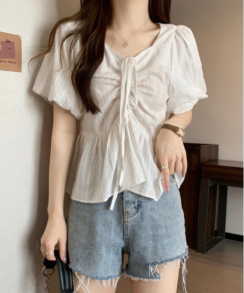 gossip！ロサンゼルス（ゴシップロサンゼルス）の「【新色追加】 リボンリンクルフリルフレア半袖ブラウス Y2K（シャツ/ブラウス・レディース・オフホワイト/ブルー/ブラック・FREE）」の5枚目の写真